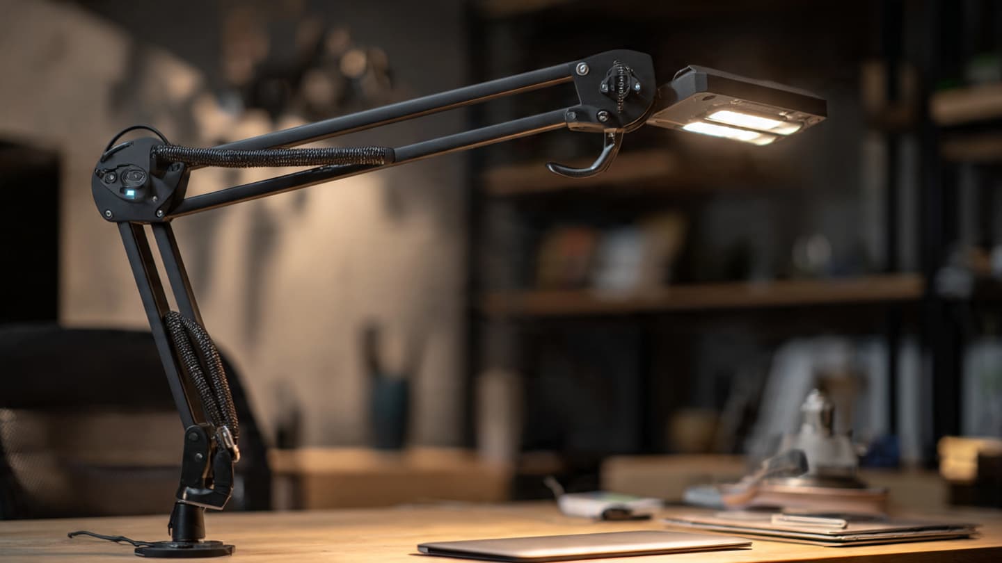 Adjustable desk lamp with dimming controls and clamp mount