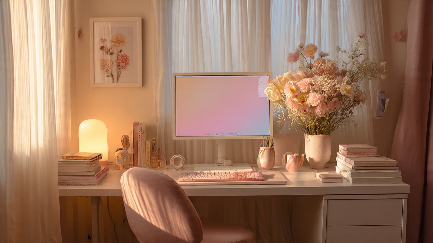 Clean aesthetic desk setup with warm lighting and minimal decor