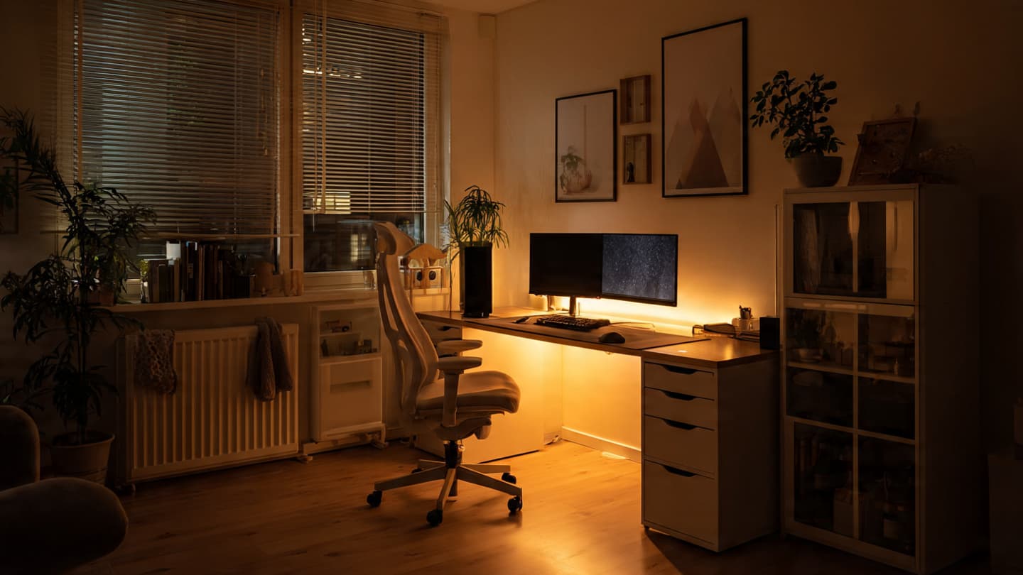 Warm wood and black desk setup at night with amber lighting