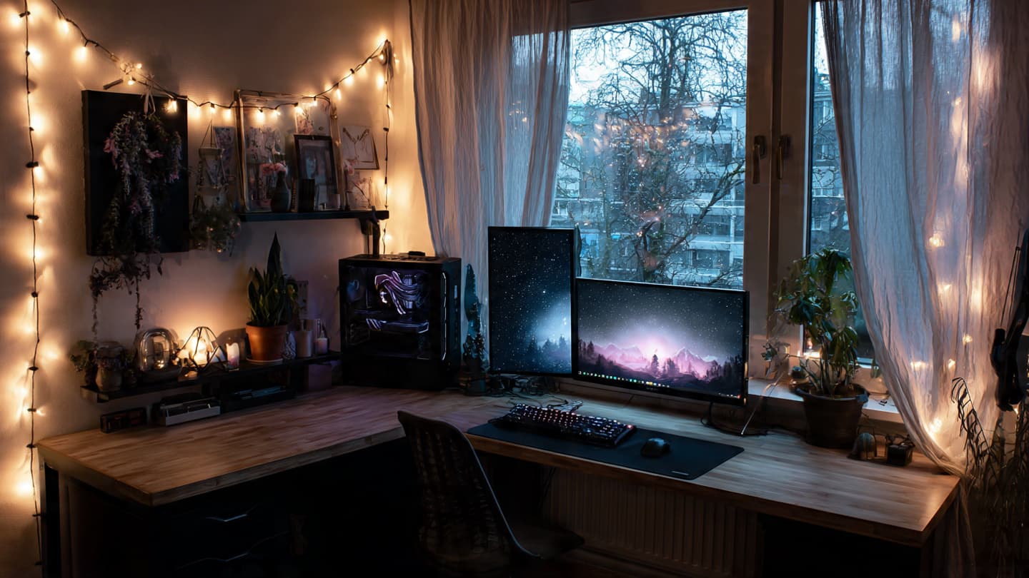 All black desk setup at night with soft lighting