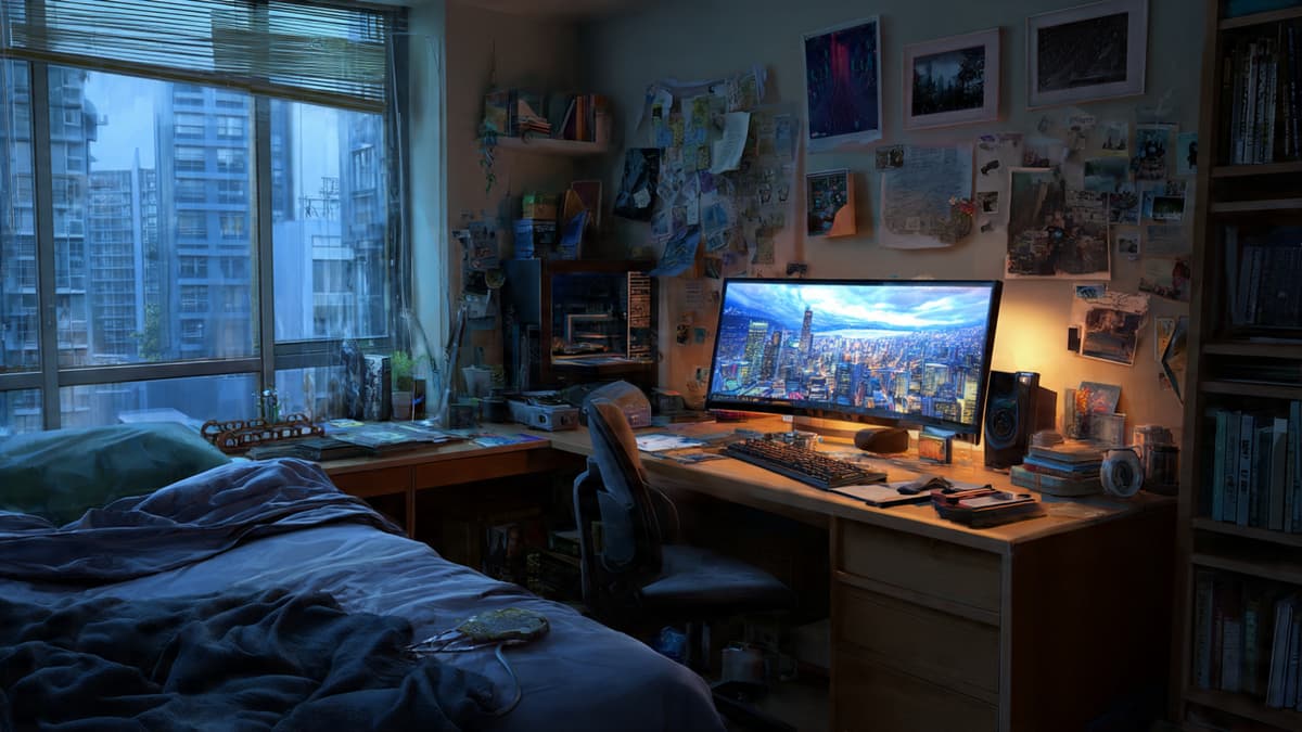 Cluttered desk visible from bed