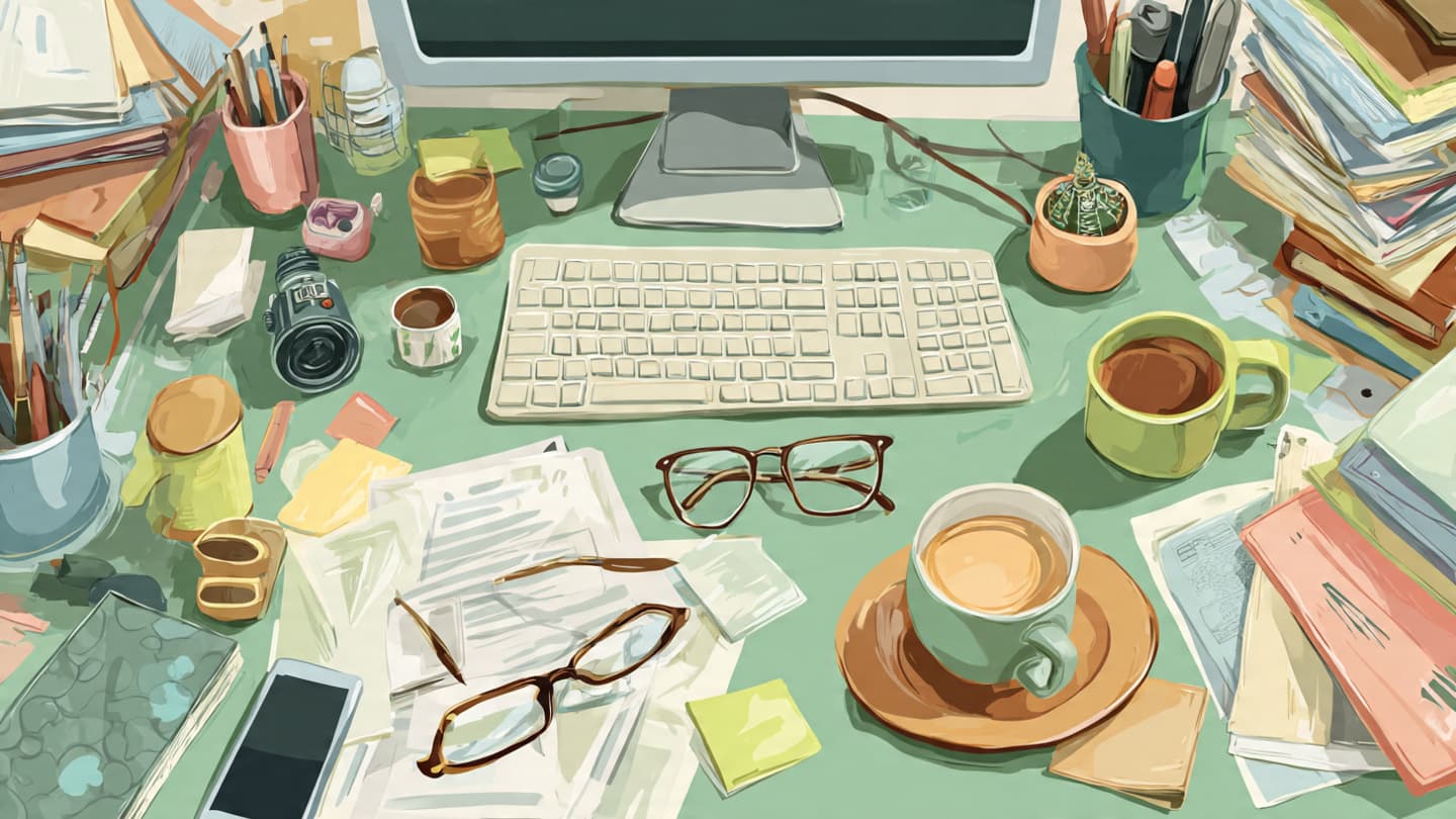 Cluttered desk with distracting objects