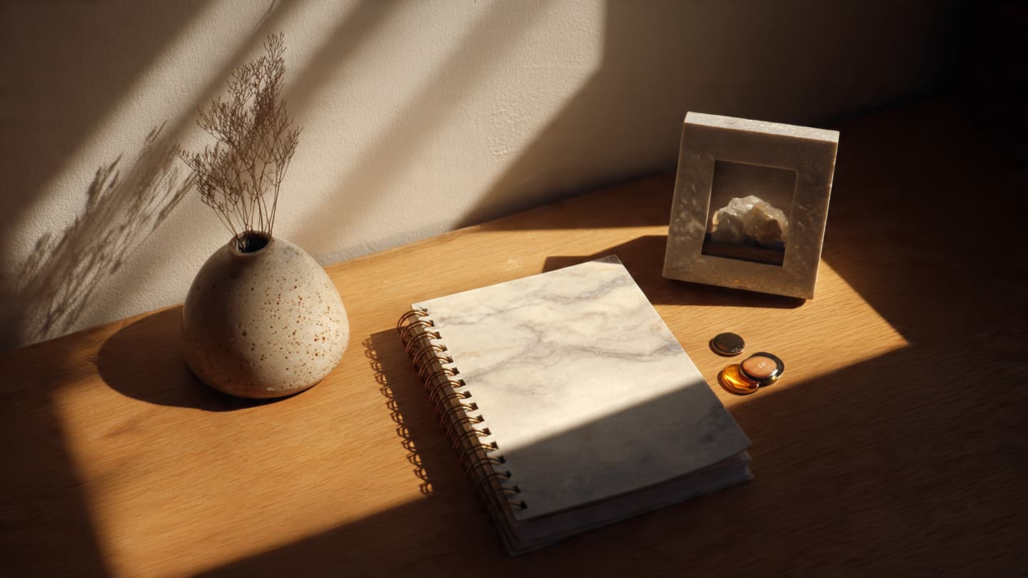 Minimal desk accessories like a notebook, small sculpture, or photo frame