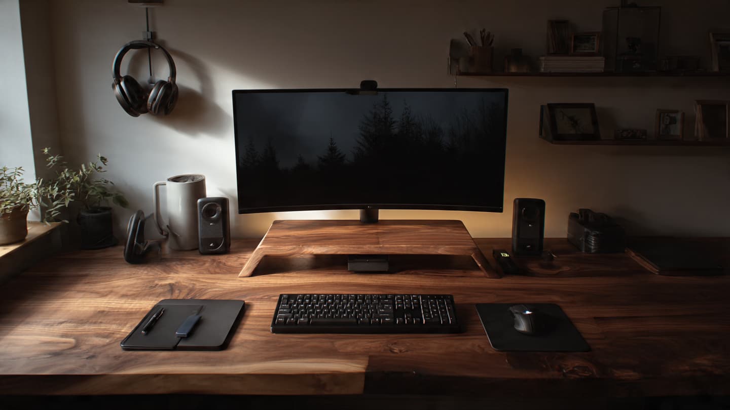 Decorated warm wood and black desk setup with plant and notebook