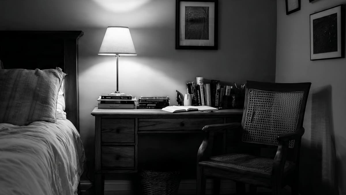 Desk placed directly beside the bed causing poor layout