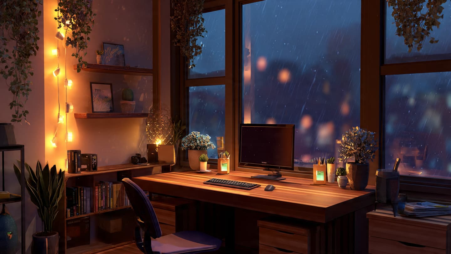 Warm wood and black desk setup at night with amber lighting
