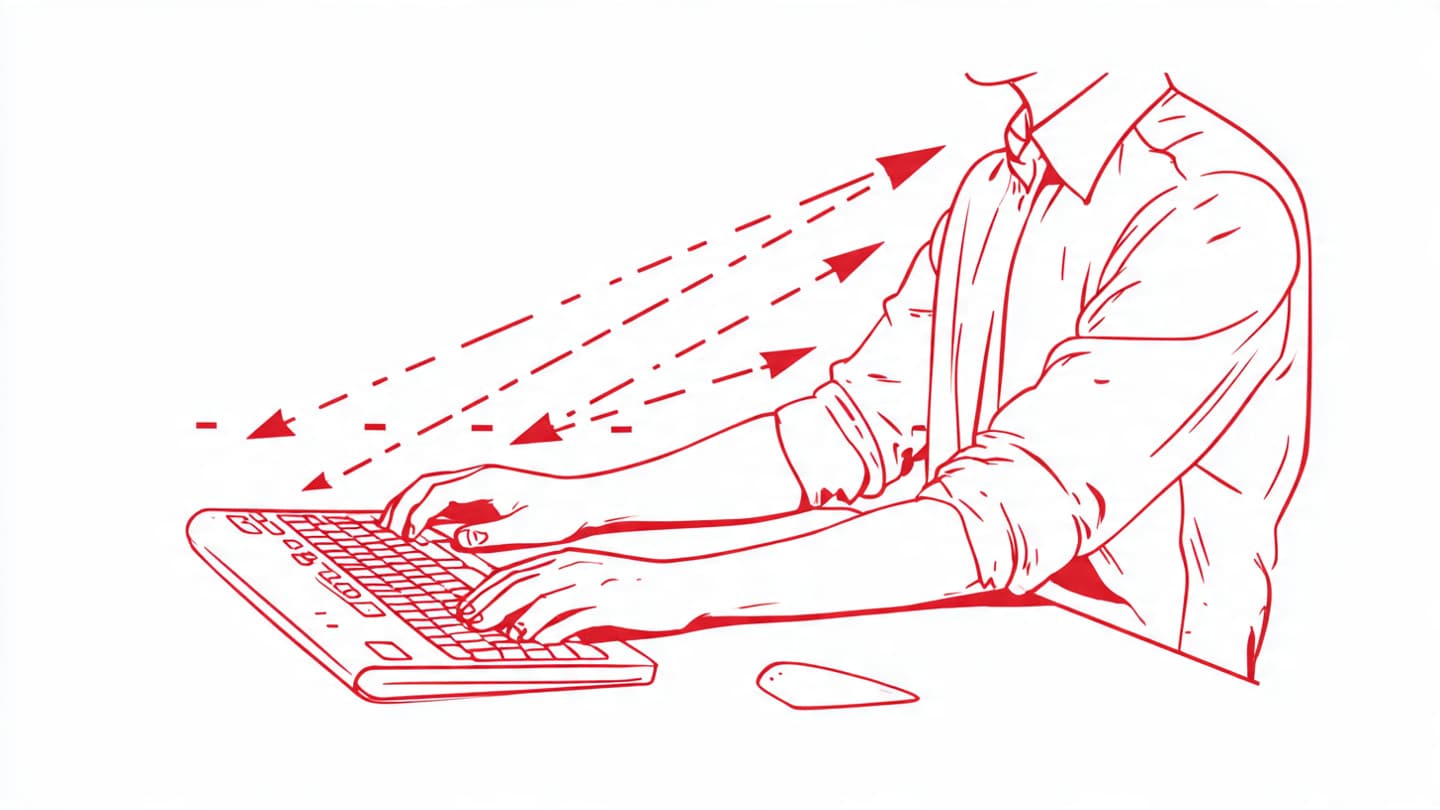 A person sitting at a desk with their elbows angled at 90 degrees.