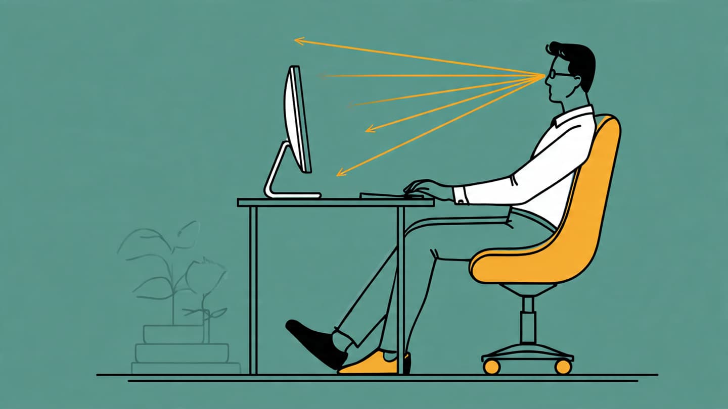 Desk monitor positioned at eye level with proper viewing distance