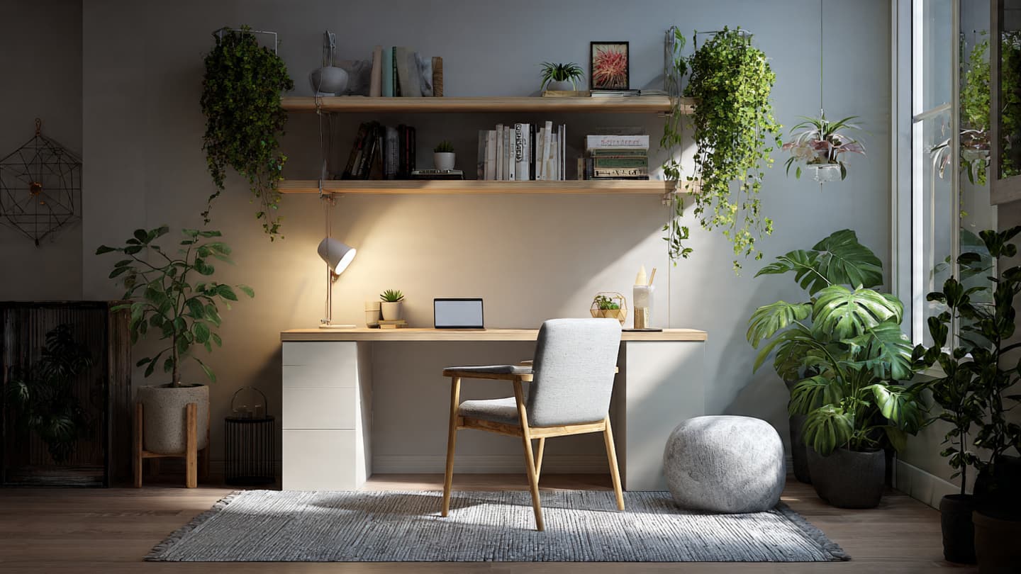 Nature-inspired desk with books and plants