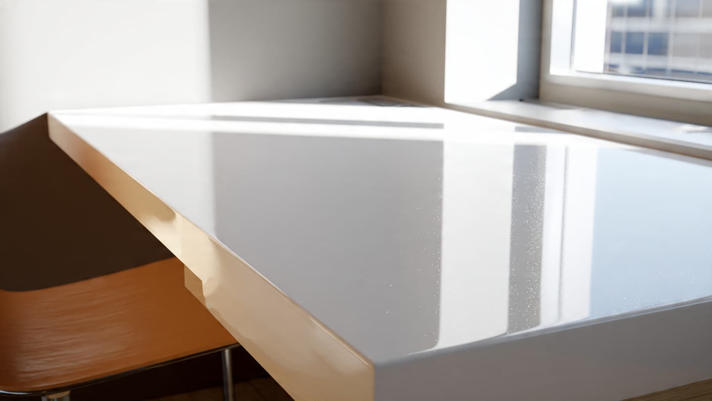 Close-up of sleek white desk surface with minimal accessories