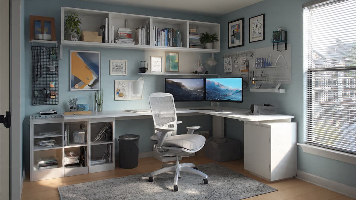 Sitting desk adjusted with chair and monitor