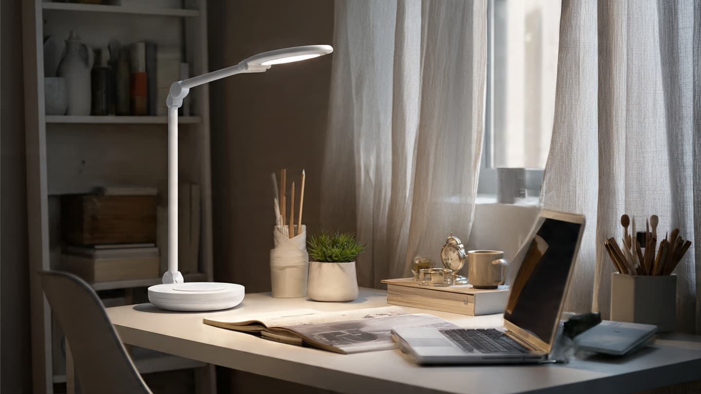 Modern adjustable smart desk lamp on a workspace