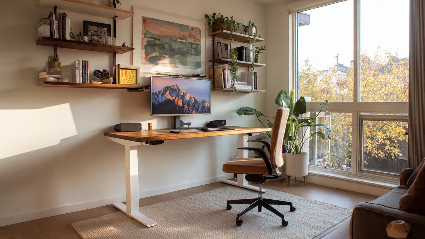 Standing desk with minimal under-desk storage and wall shelves