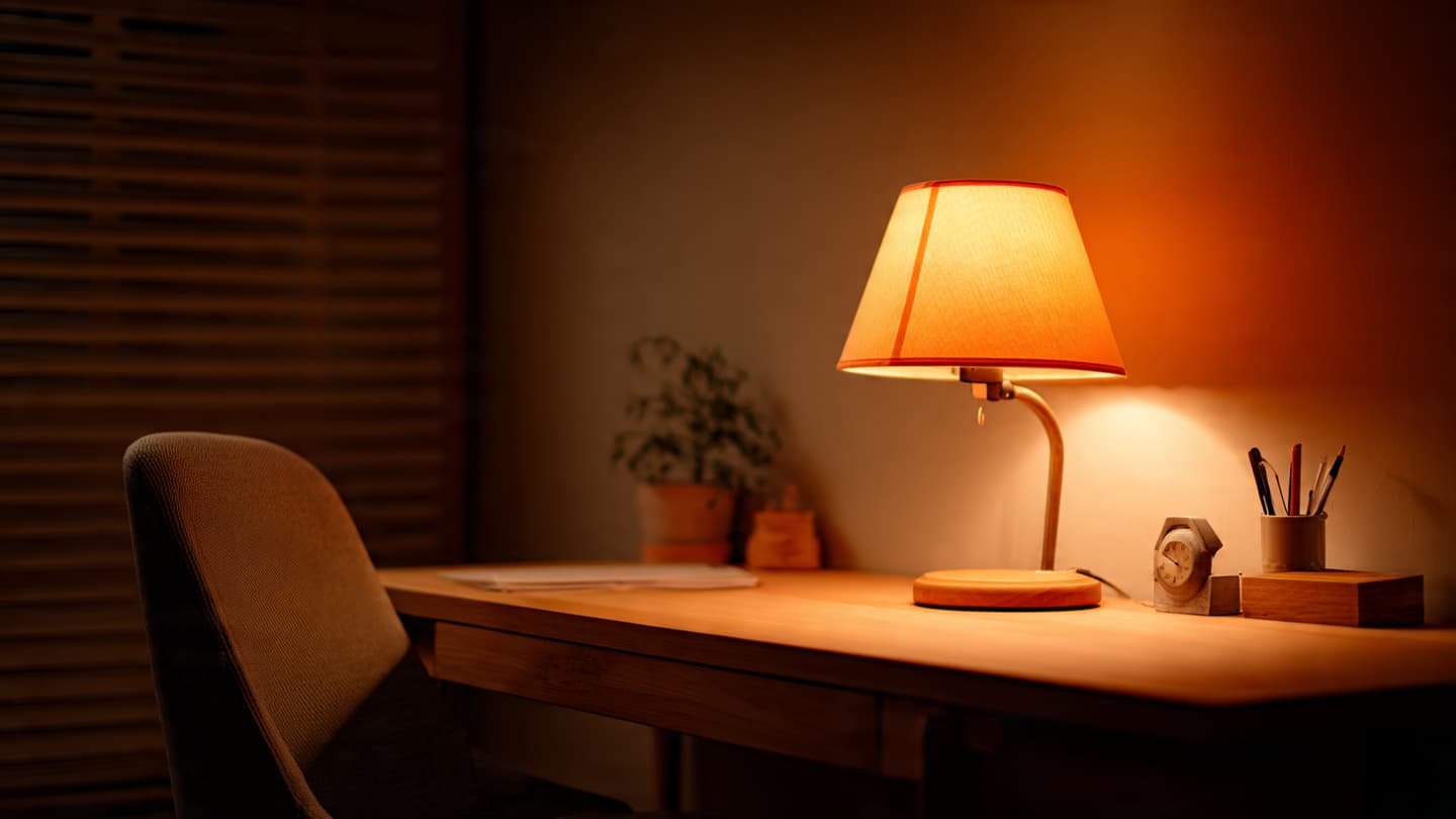 Desk with warm lamp lighting and soft ambient glow