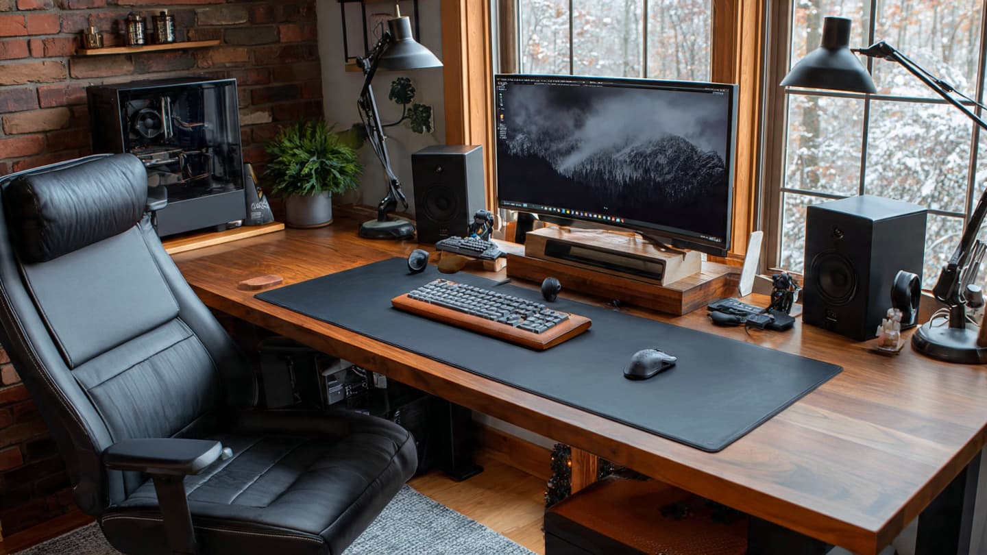 Desk setup with leather desk mat and soft accessories