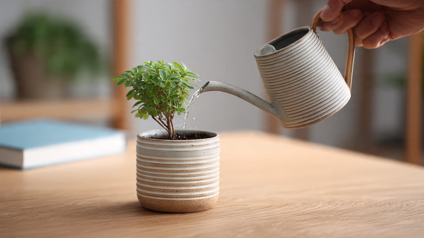 Person watering small desk plant