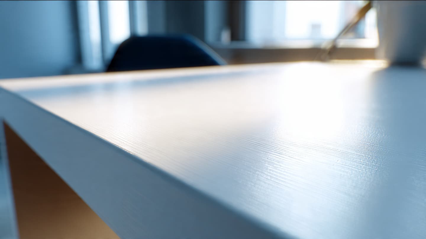Close-up of sleek white desk surface with minimal accessories