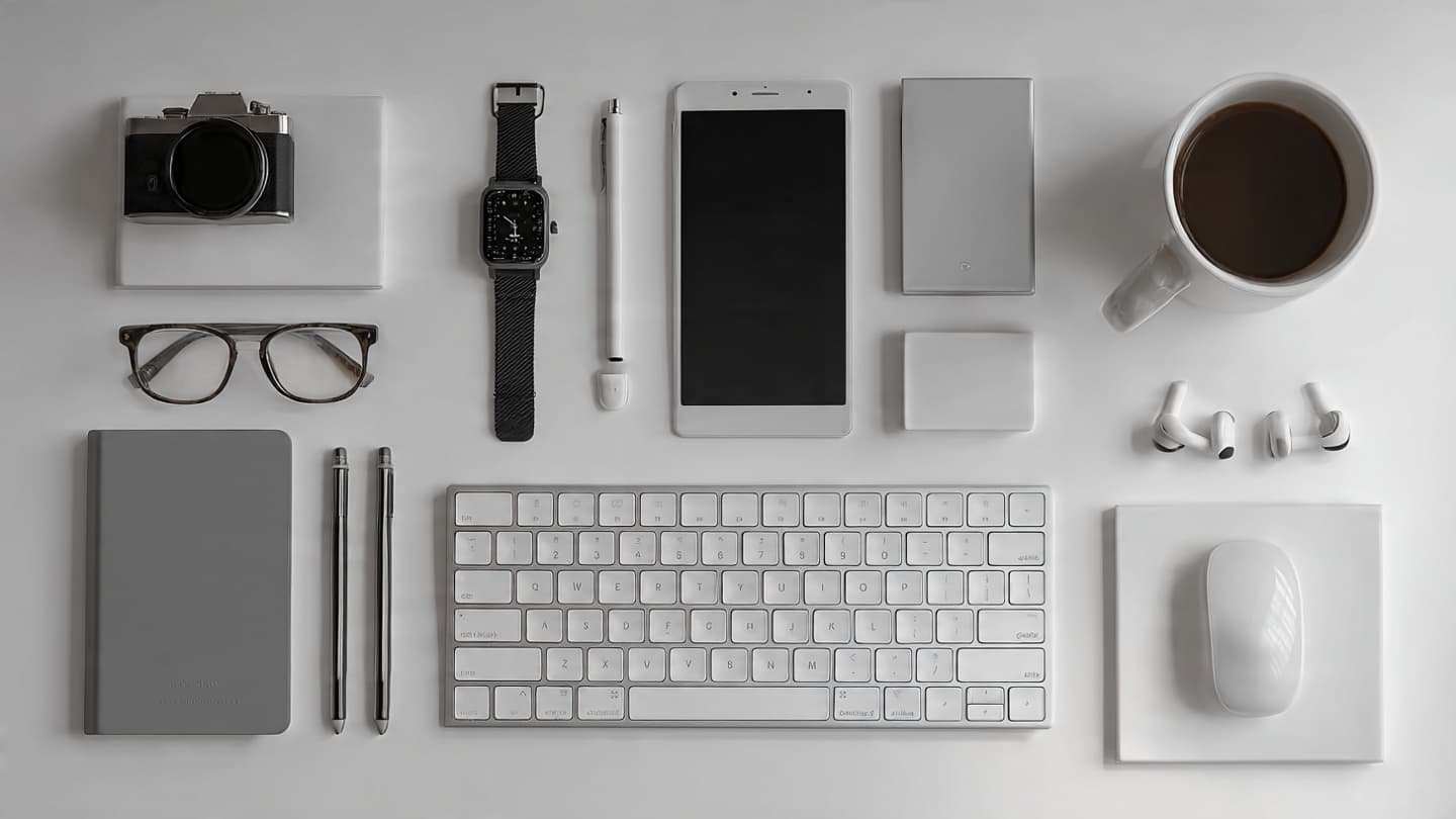 Minimal white desk setup with only essential items