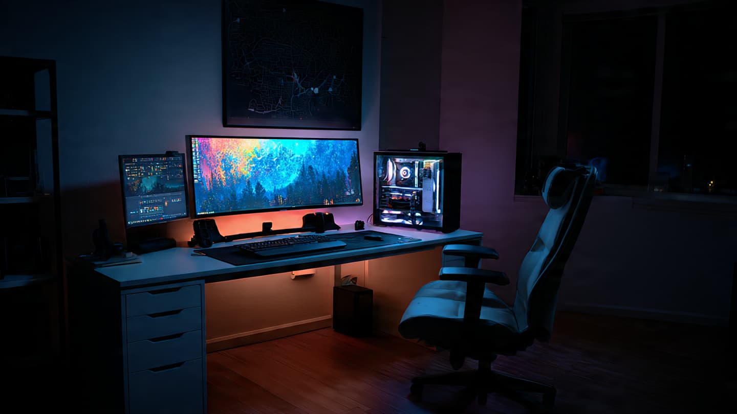 Modern tech desk setup at night with subtle bias lighting